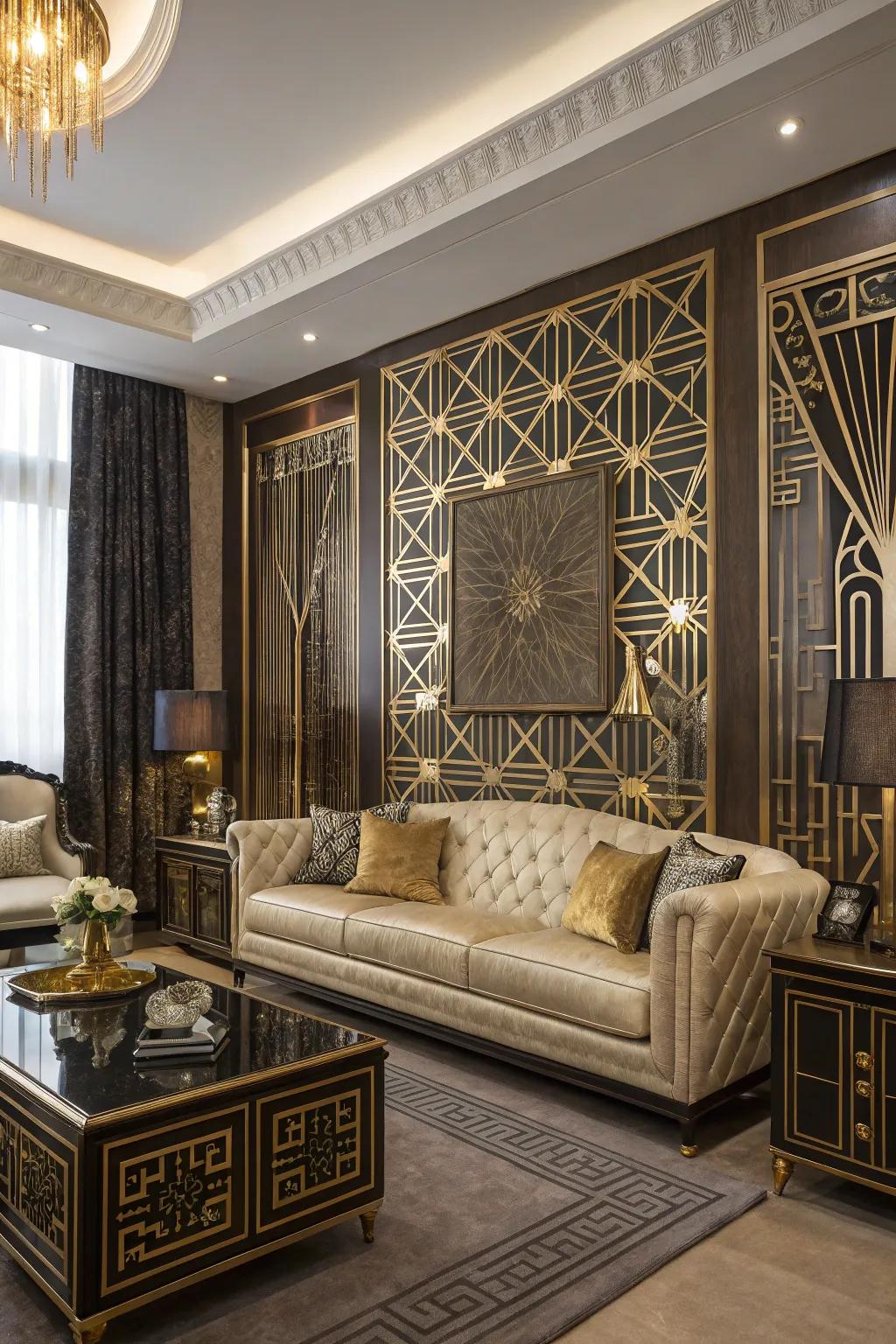 A living room with art deco wallpaper offering a bold, glamorous look.