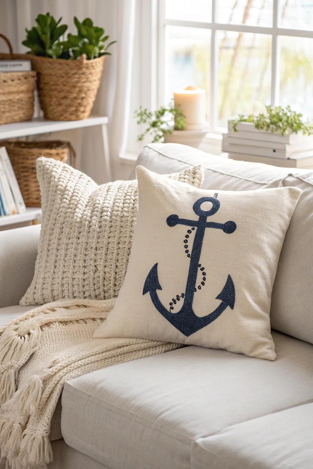 Add a touch of nautical charm to your space with a handcrafted anchor pillow, perfect for cozy evenings and seaside dreams.