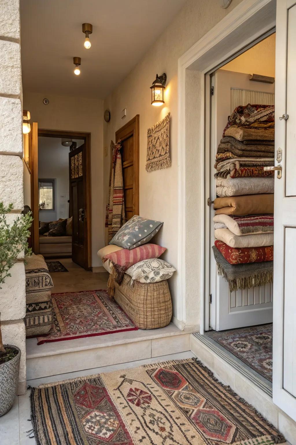 Layered textiles create a cozy ambiance in entryways.