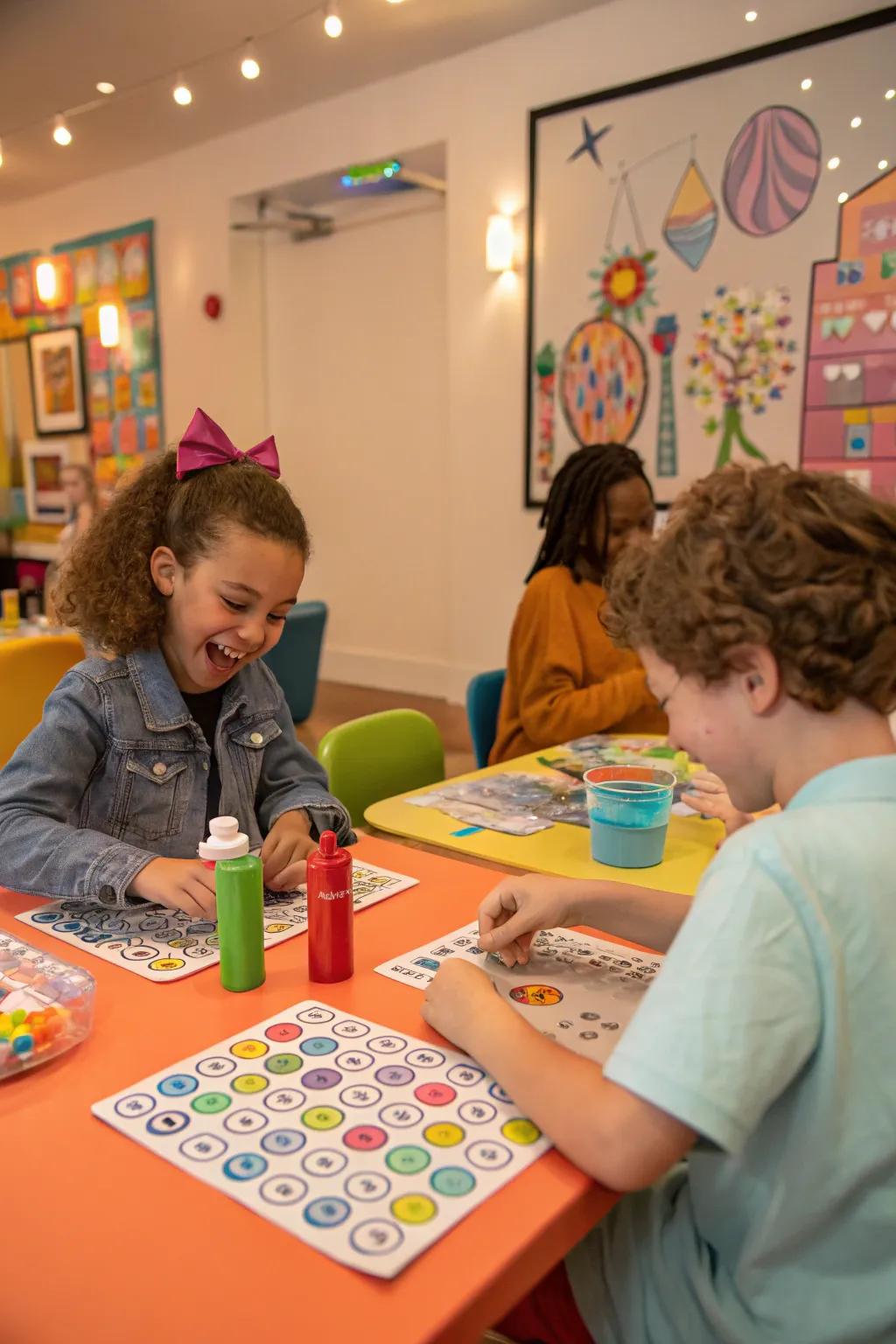 Kids engaged in an artist-themed bingo game, learning while having fun.