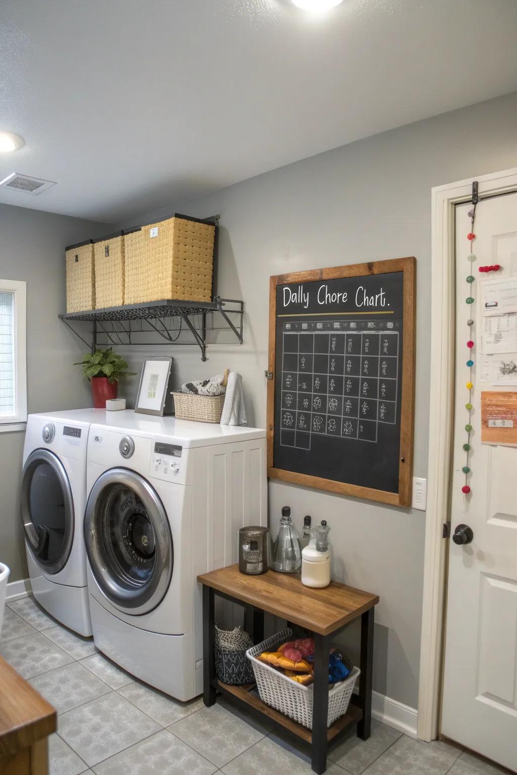 An organized chalkboard calendar that helps manage household chores.