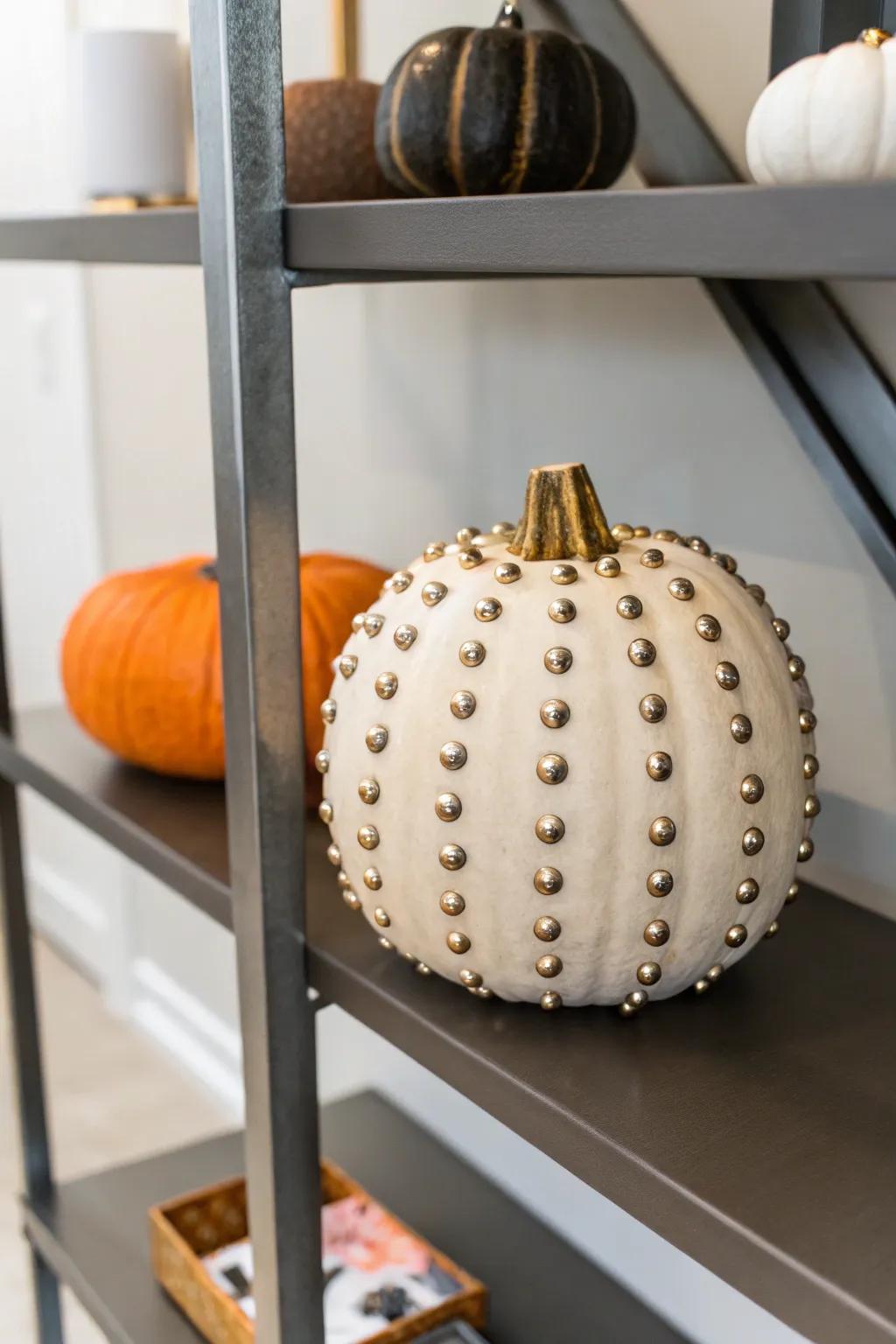 A studded pumpkin adding an edgy flair to home décor.