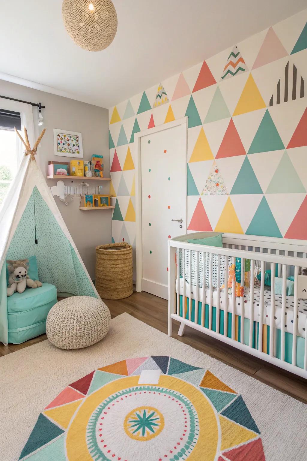 A nursery filled with playful patterns and energetic designs.