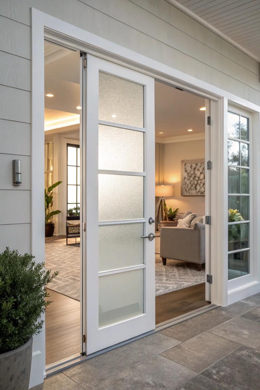 Frosted glass doors balance light access with privacy needs.