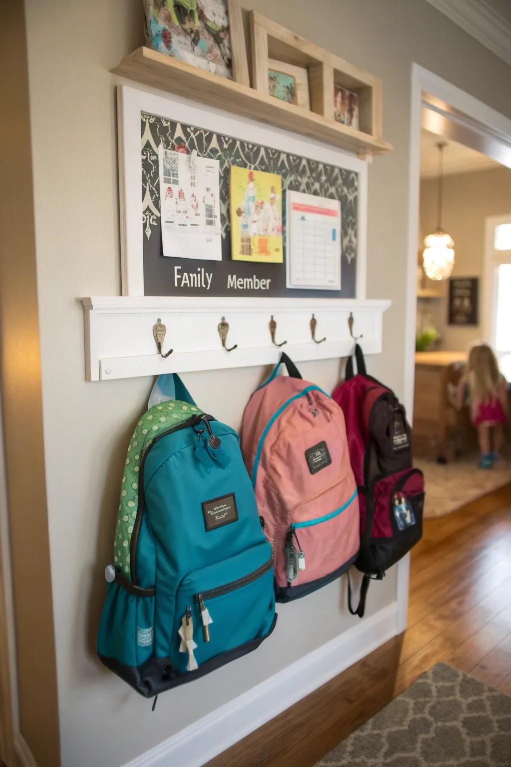 A personalized backpack station encourages organization.