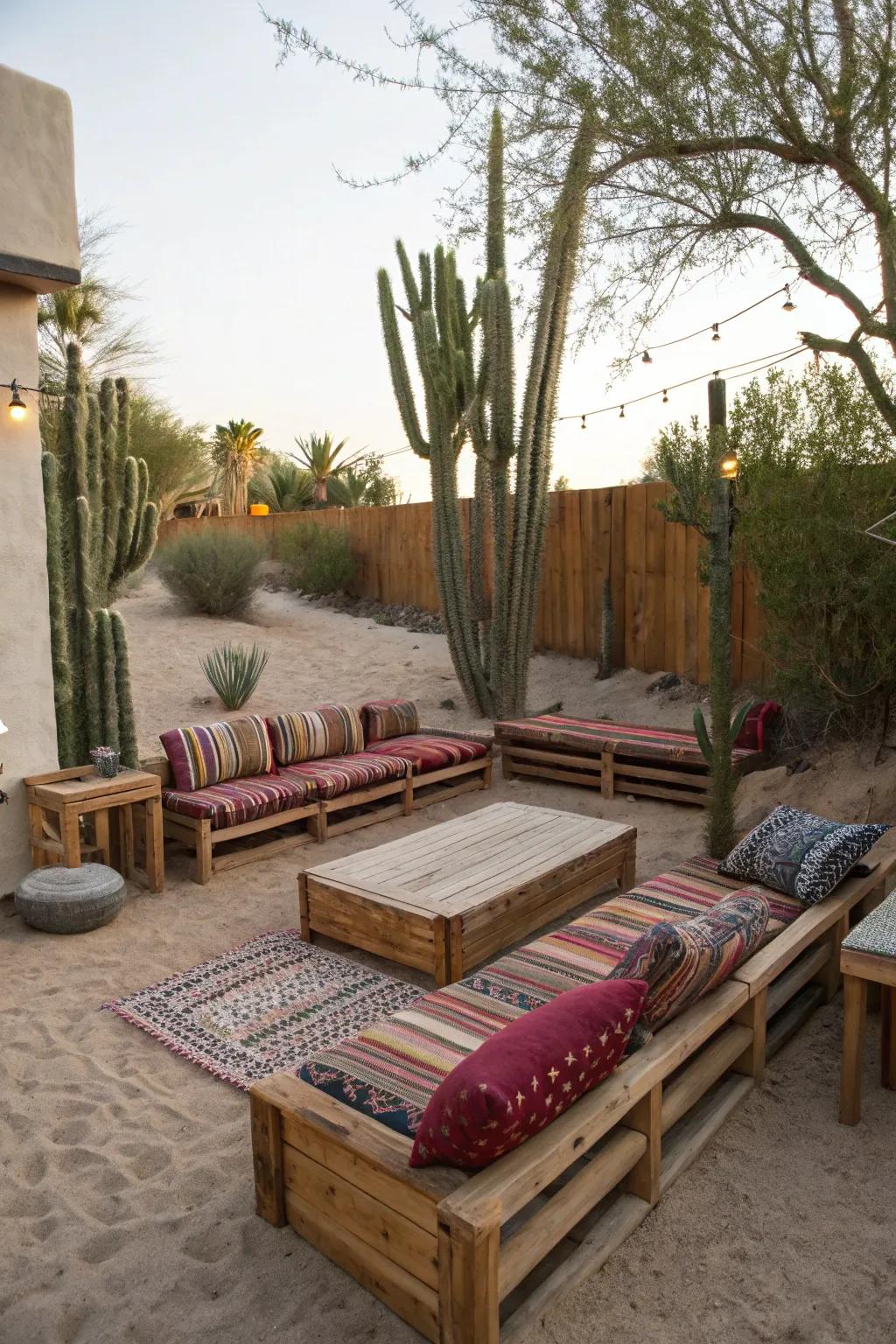 Seating areas provide comfort and encourage relaxation in a desert backyard.