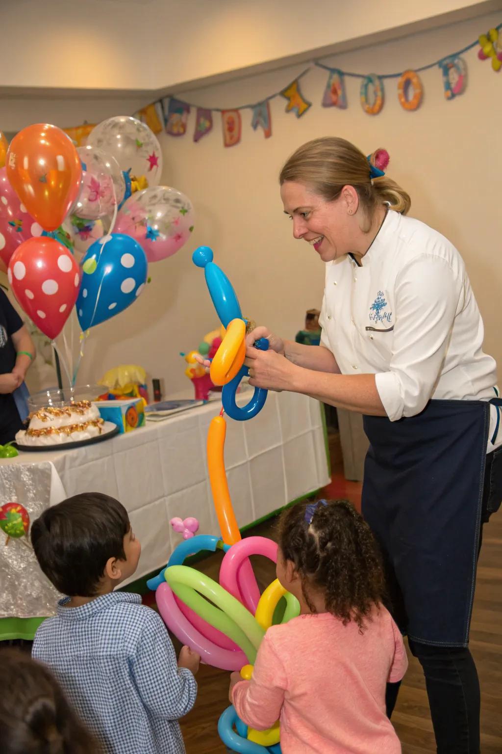 A balloon artist delights children with creative balloon animals.