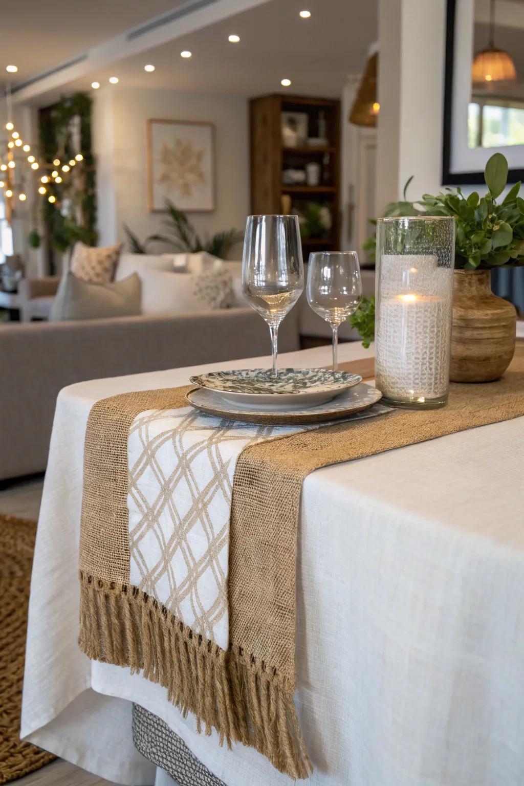 Textured linens add warmth and style to this bar table.