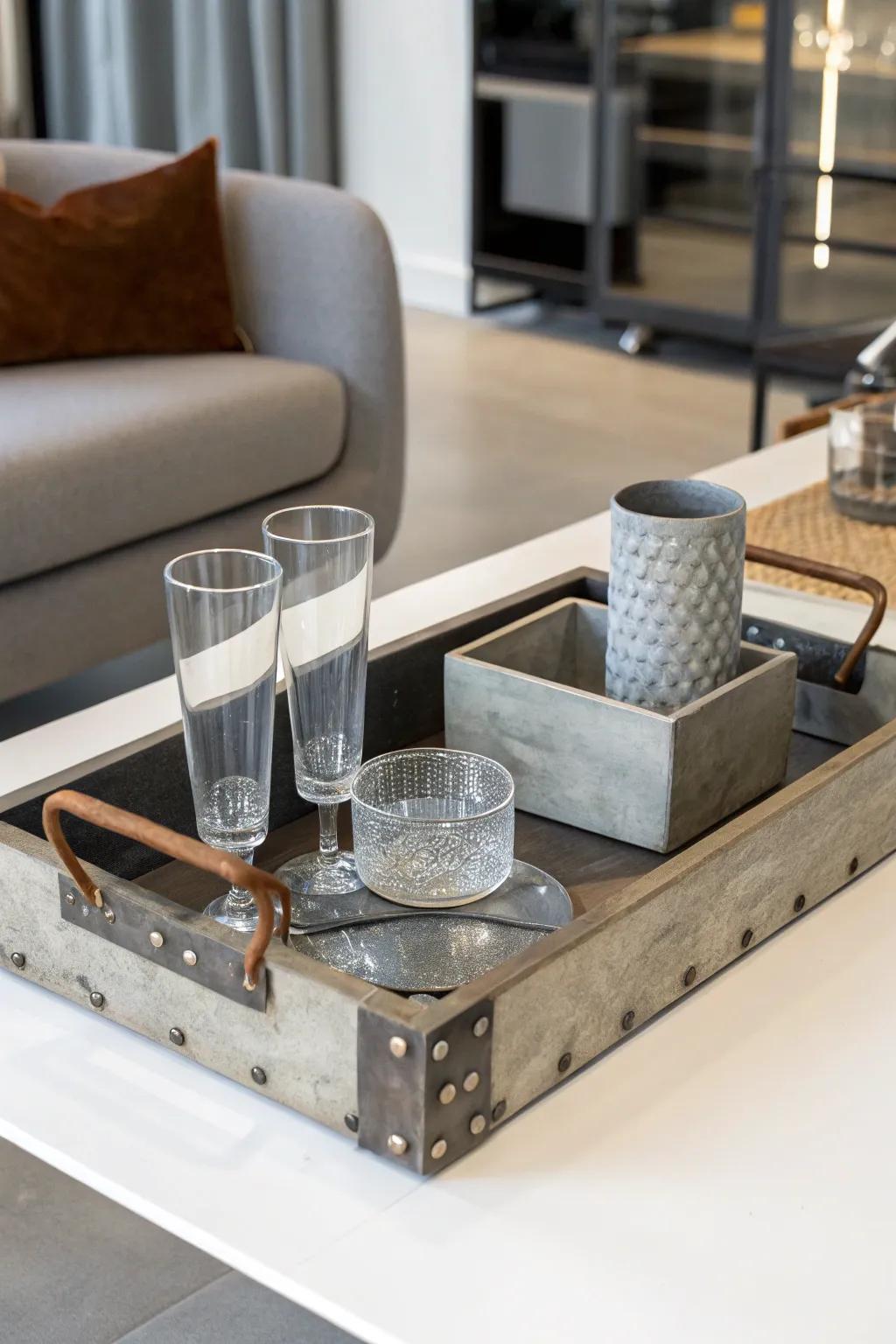 Add industrial edge with a metal-accented tray.