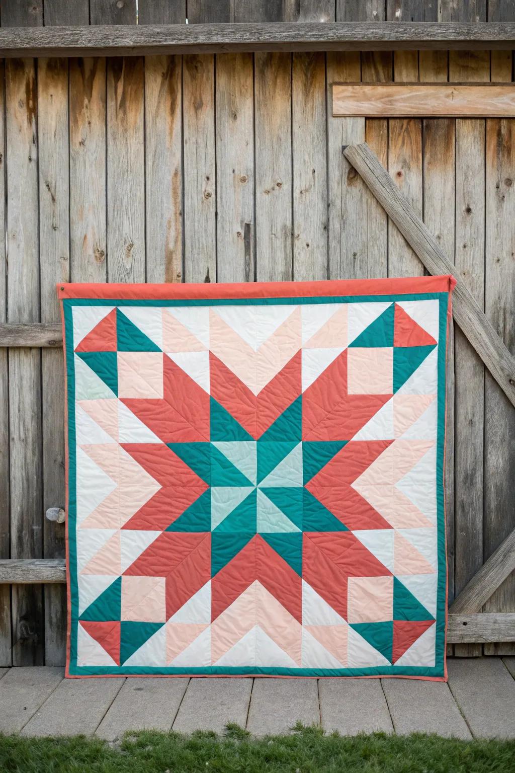 Bold Elegance: Discover the harmonious dance of coral and teal in this stunning barn quilt design.