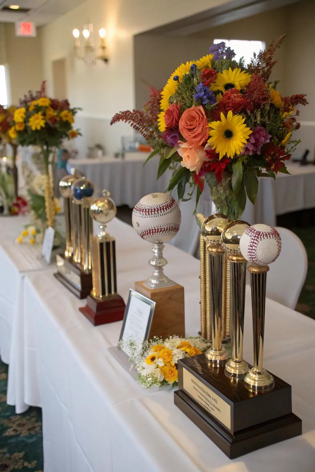 Celebrate achievements with a trophy-themed centerpiece that exudes pride.