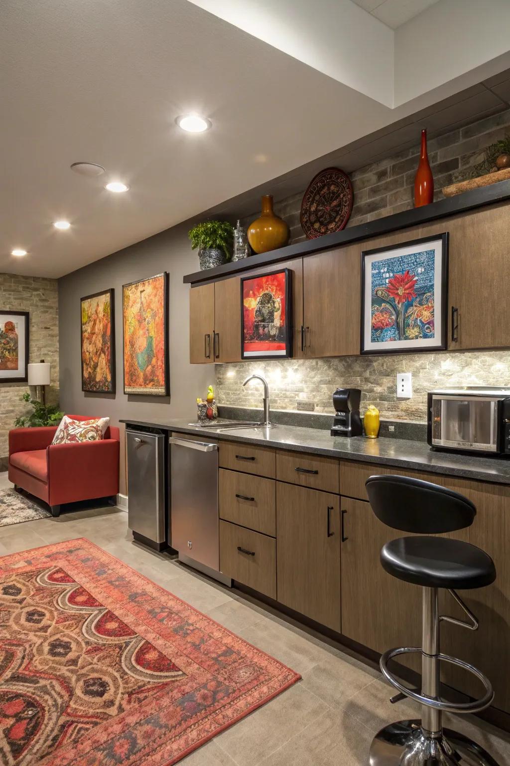 Art accents add personality and a focal point in a basement kitchen.