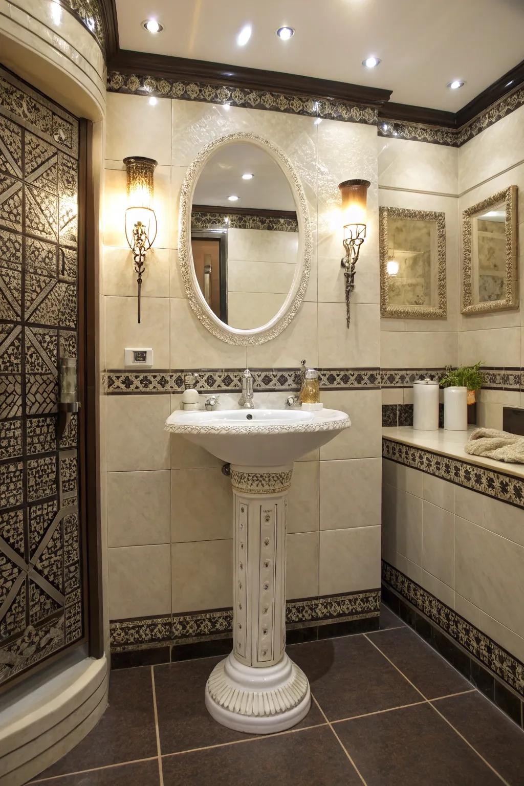 A pedestal sink in an alcove is a classic and space-saving solution.