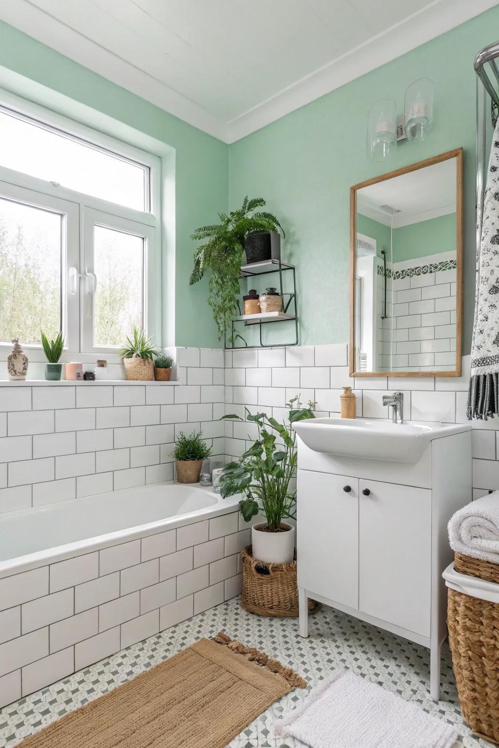 Mint green walls offer a refreshing and airy feel.