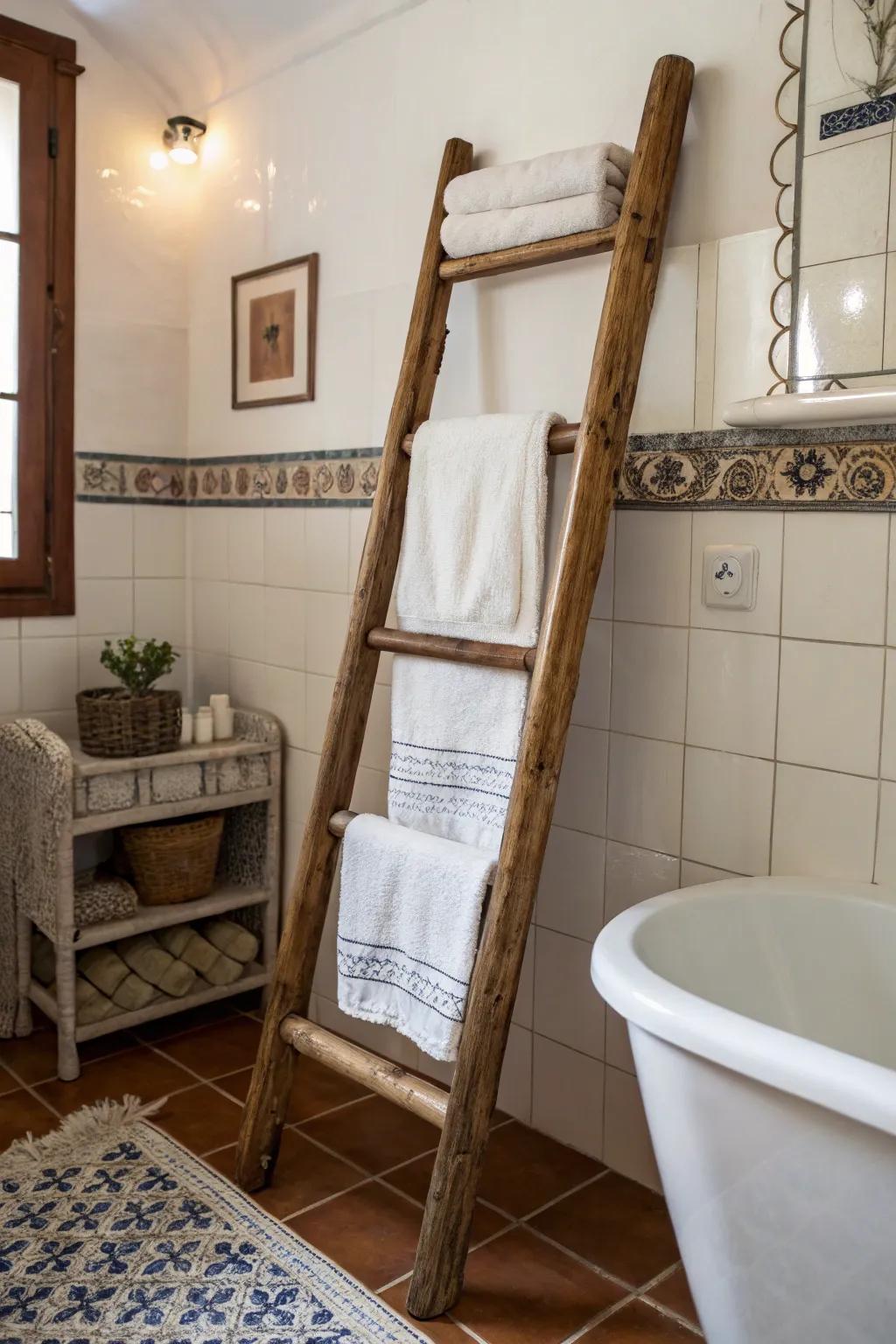 Vintage ladders offer a unique and stylish solution for towel storage.