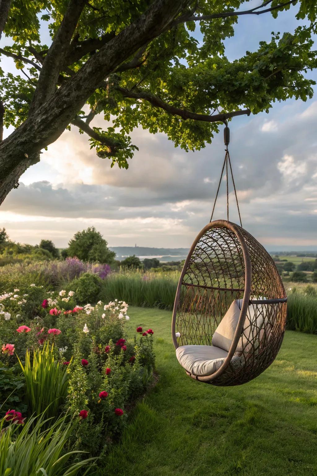 A hanging egg chair creates a cozy nook in your beach retreat.