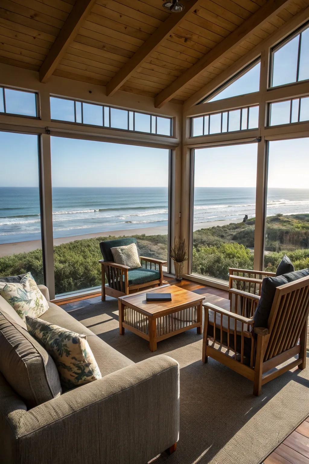 A stunning ocean view serves as the focal point in this beach house.