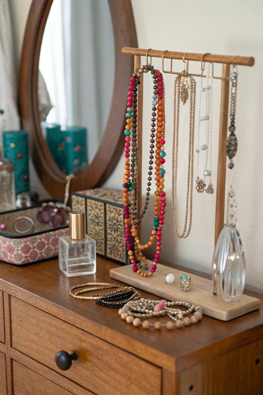 A beaded jewelry organizer displaying favorite pieces elegantly.