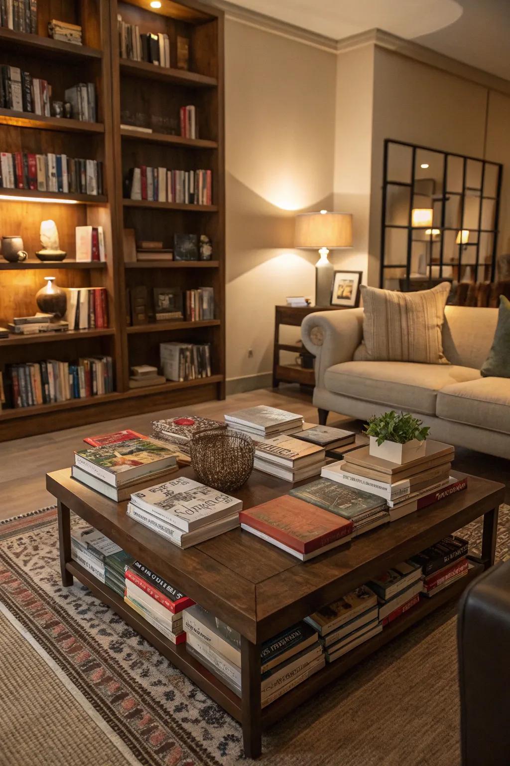 Books add color and personality to this inviting living room.