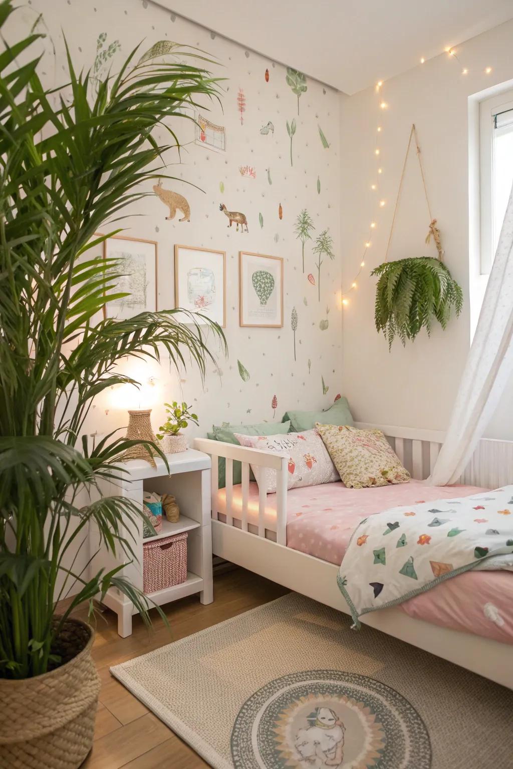 Nature elements in a toddler's bedroom, creating a fresh and serene atmosphere.