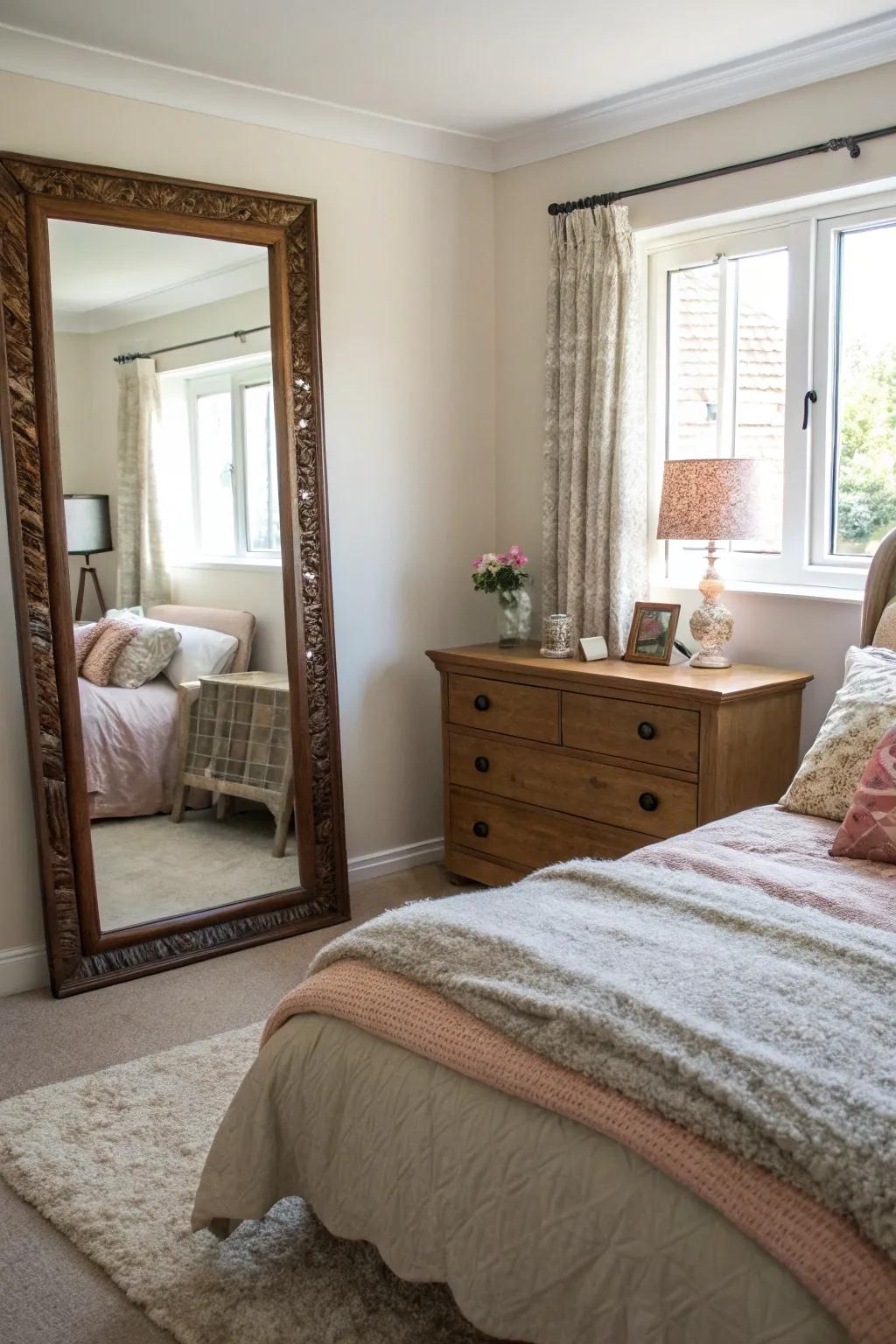 A strategically placed mirror enhances light and space in this bedroom.