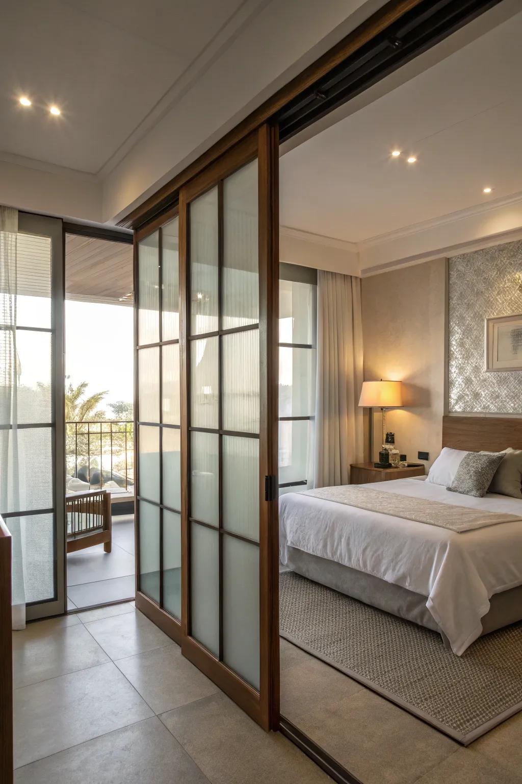 Glass doors with frosted panels offer privacy while allowing soft, diffused light into your bedroom.