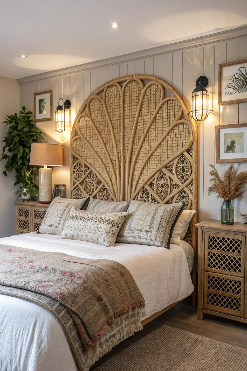 A statement headboard serves as both decor and a focal point.