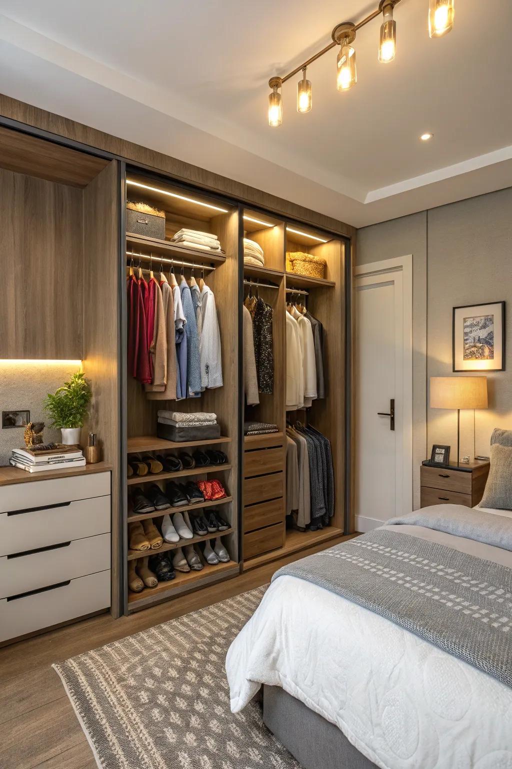 Open closet displays showcase clothing as part of the room's decor.