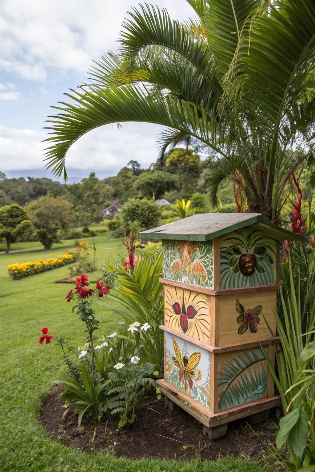 A tropical-themed bee hive adorned with palm leaves and exotic flowers.