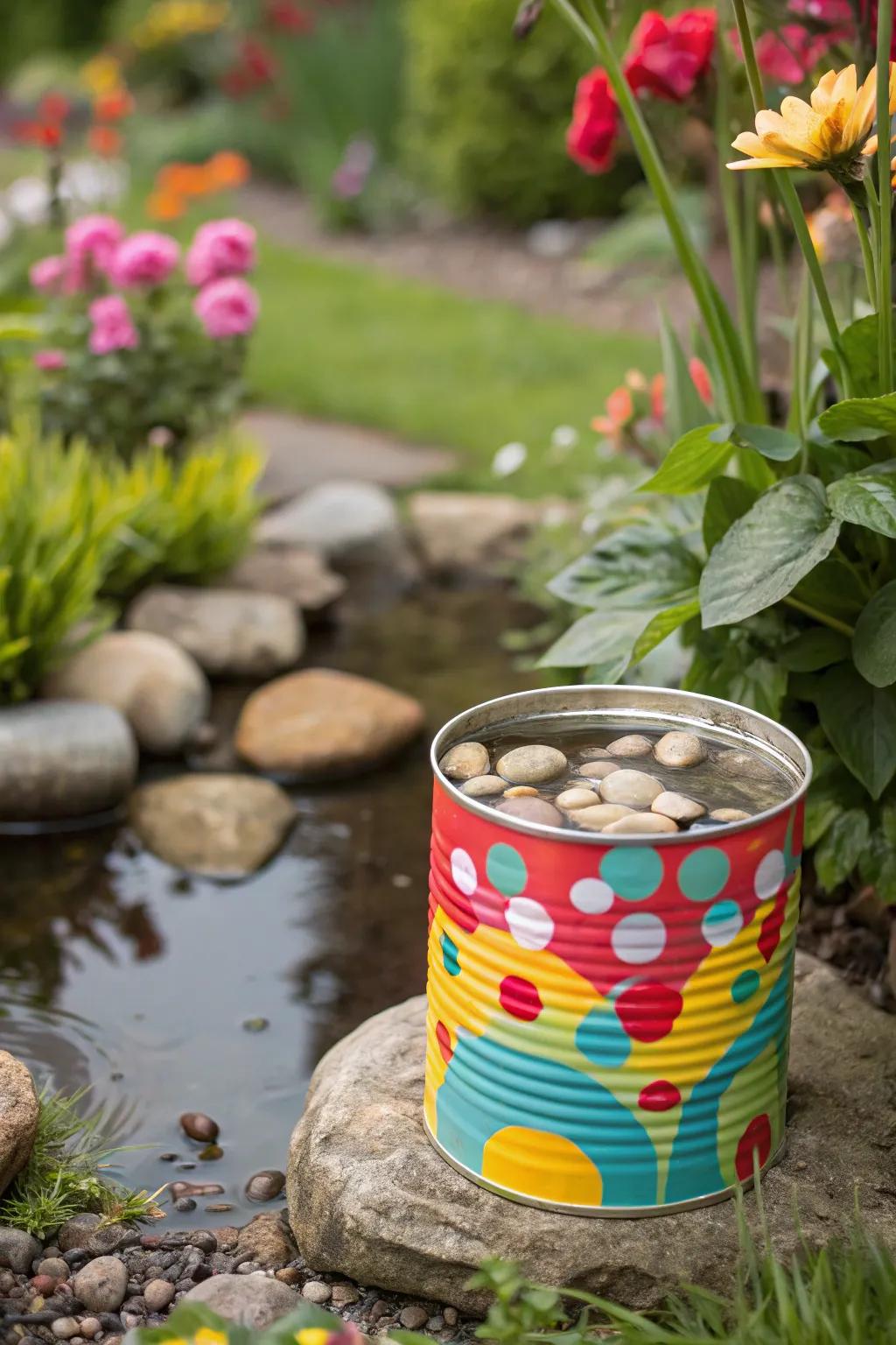 A painted recycled tin can serving as a charming bee watering station.