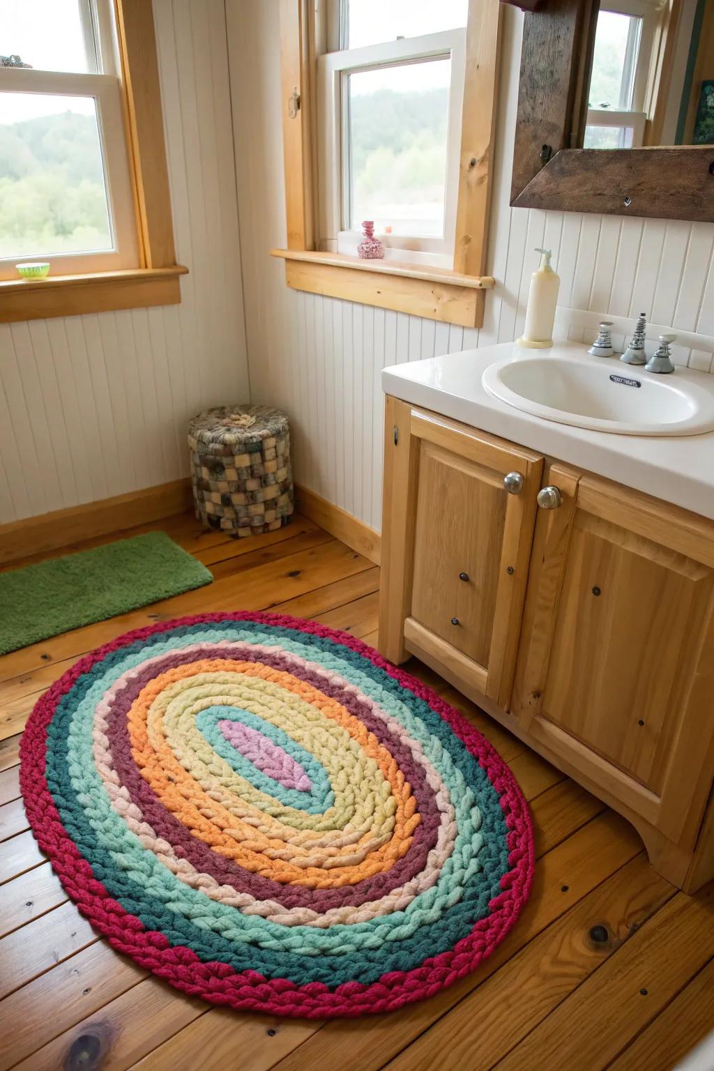 A colorful rug made from old t-shirts.