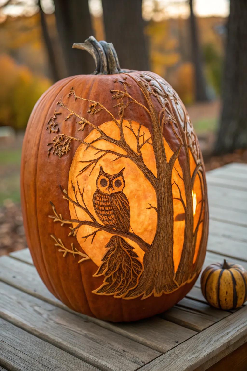 A mysterious forest owl pumpkin, perfect for nature-inspired Halloween decor.