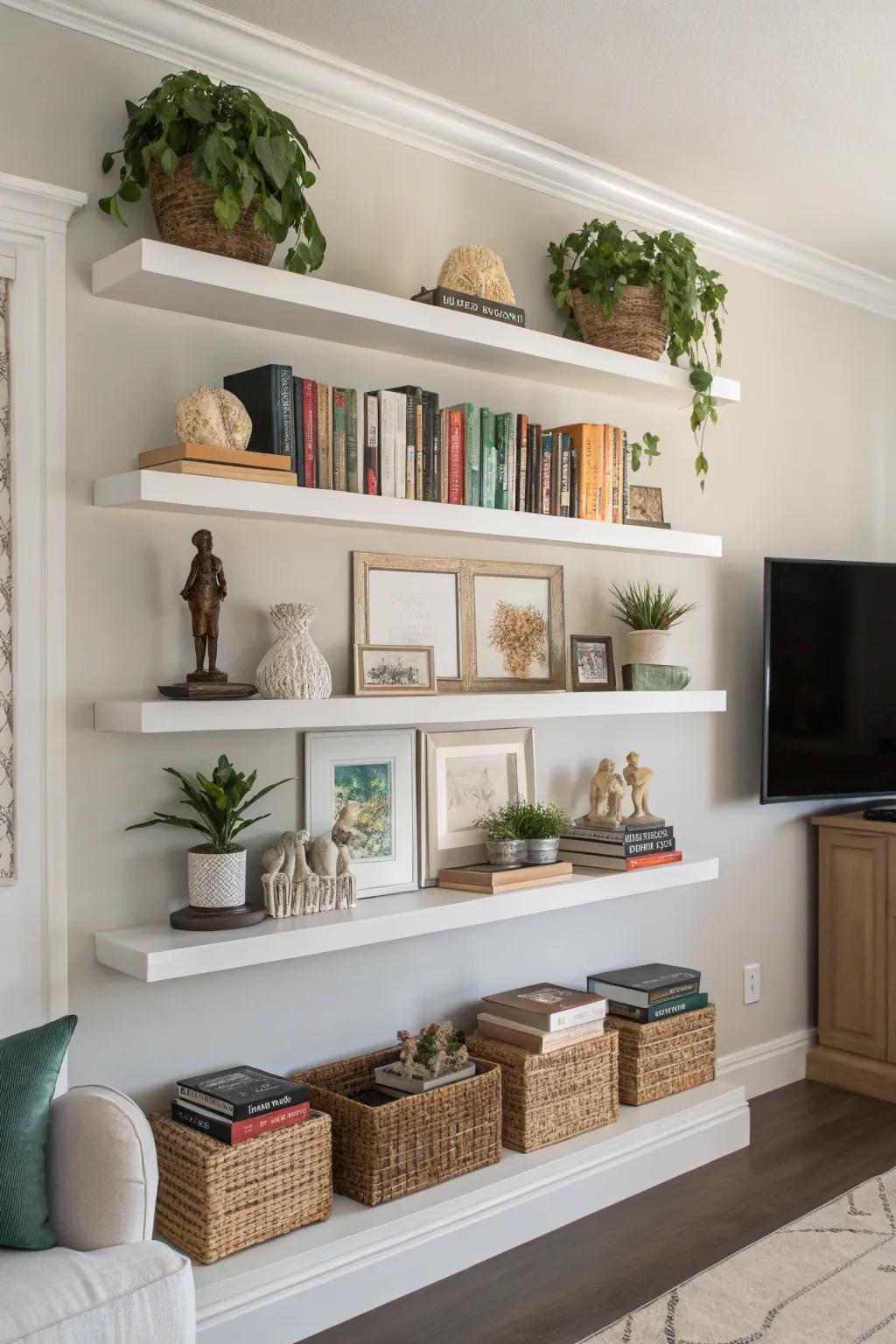 Floating shelves offer a stylish and practical decor solution.