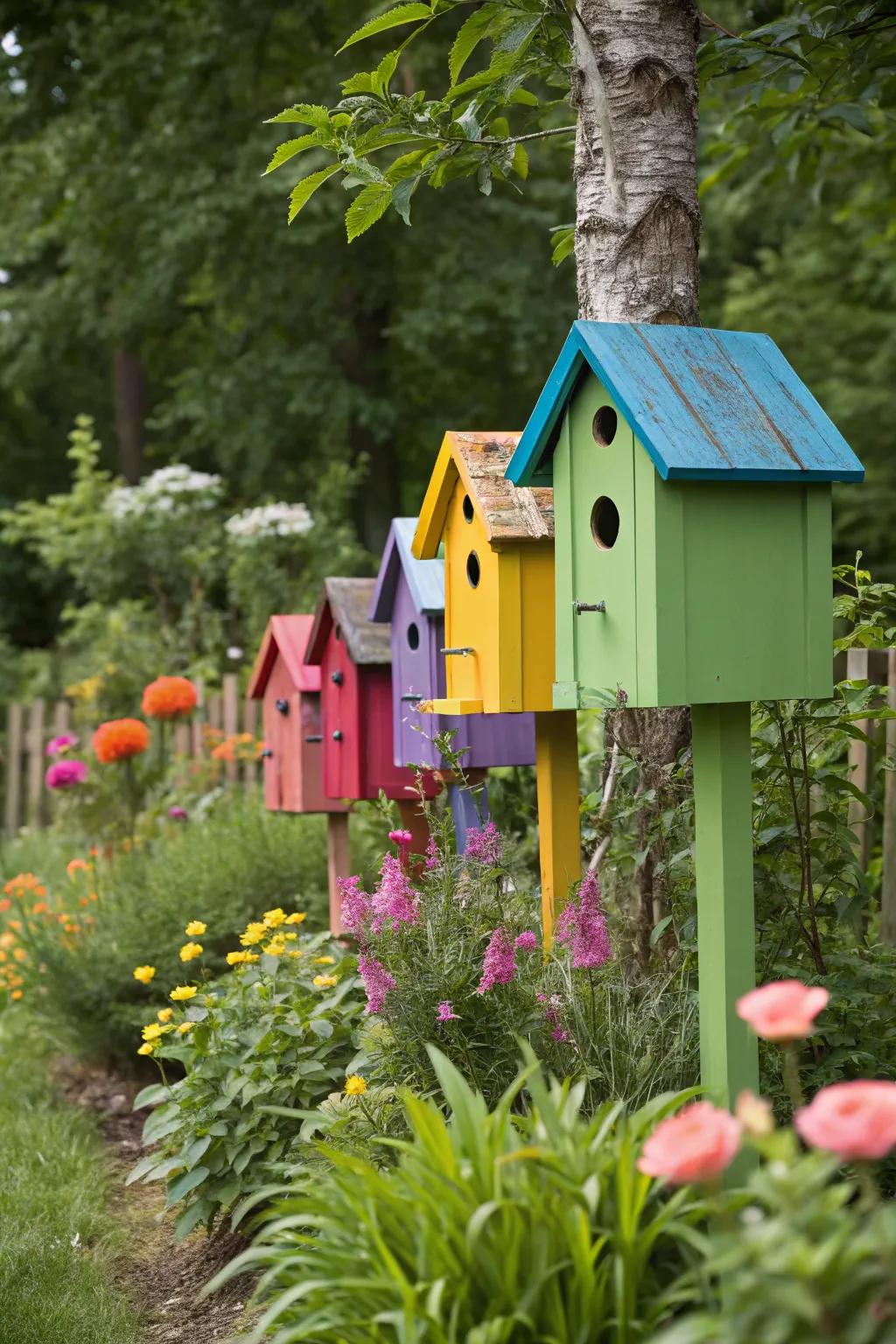 Brighten your garden with a colorful birdhouse community.