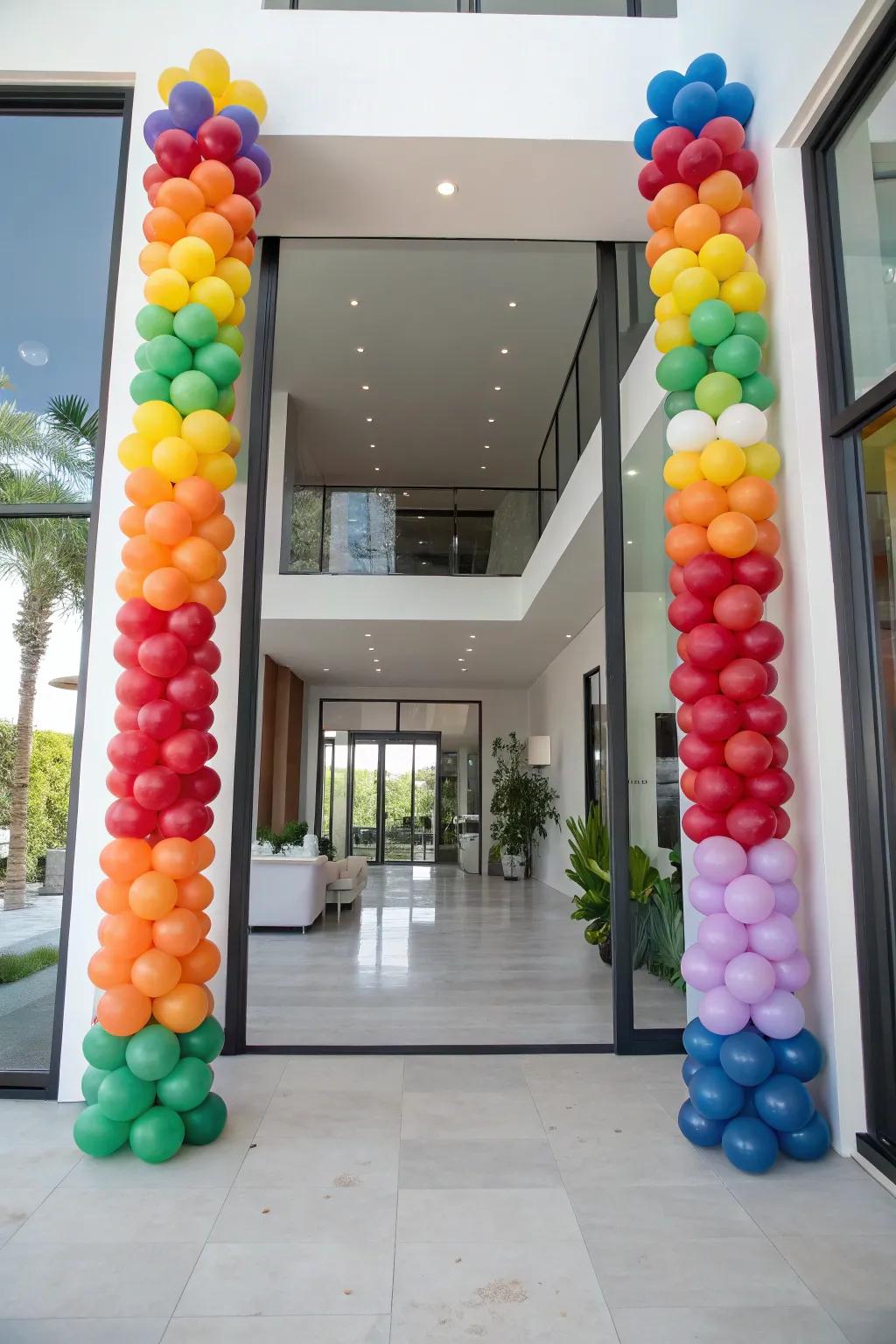 Striking balloon columns that frame an entrance and add grandeur to a birthday celebration.