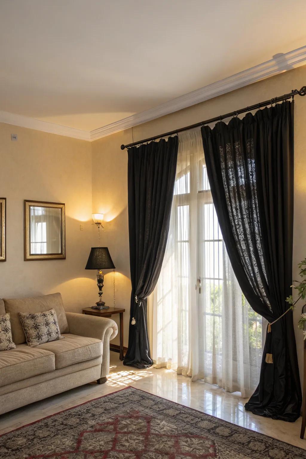 Black curtains add an elegant contrast to the space.