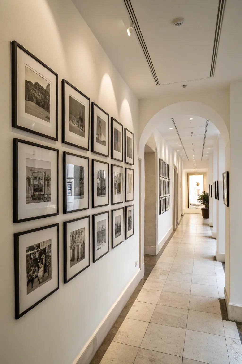 Black and white photography adds a personal touch to this hallway.