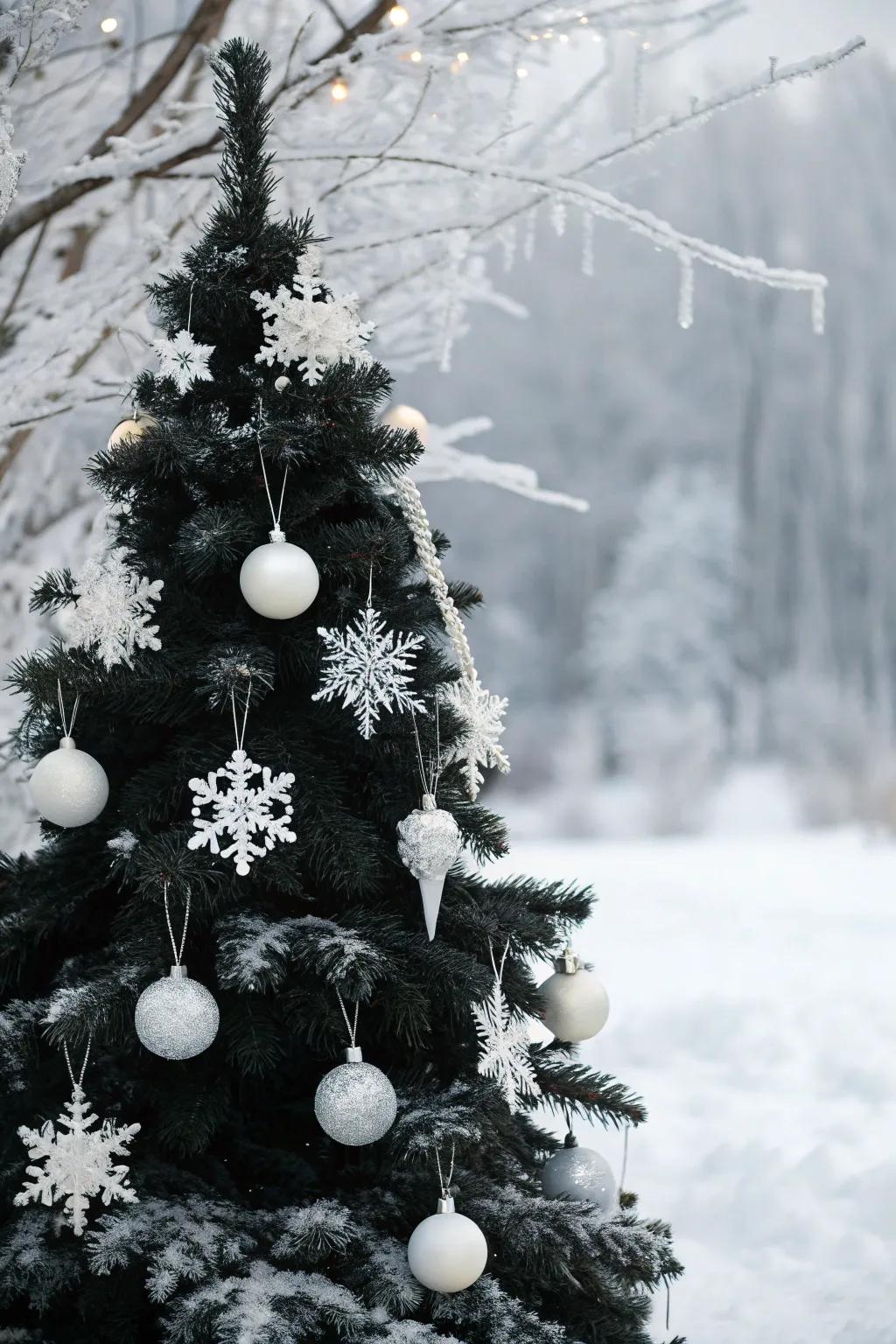 A black Christmas tree styled as a winter wonderland with snow-kissed decorations.