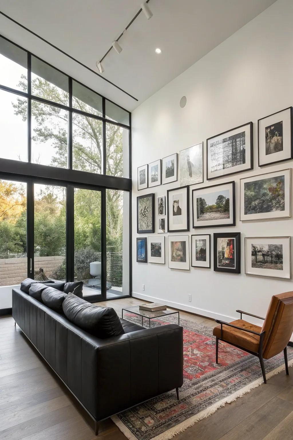 A curated gallery wall featuring black-framed art pieces.