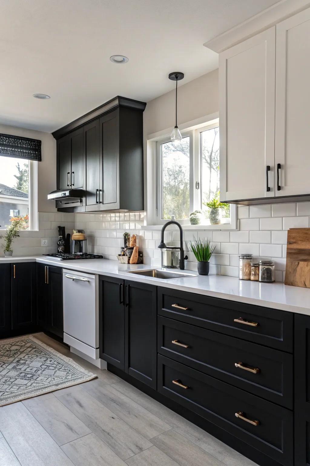 A modern two-tone kitchen design with black and white cabinetry.