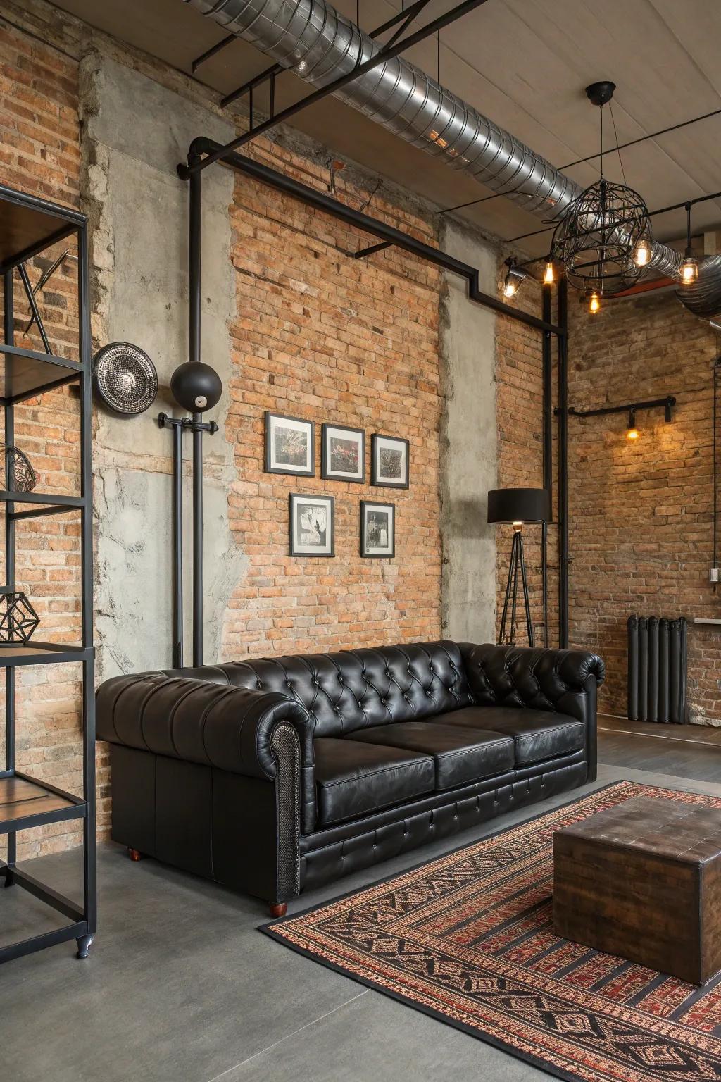 An industrial vibe with metal and brick elements complements the black leather sofa.