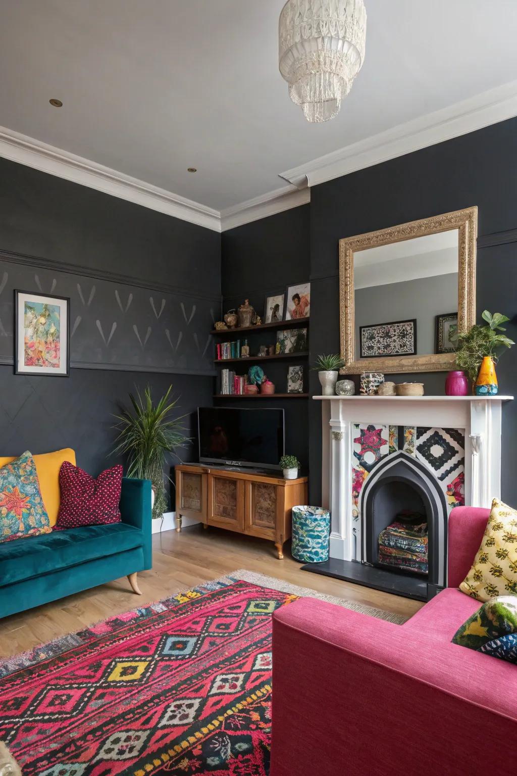 A living room where partial black walls create a dramatic visual.