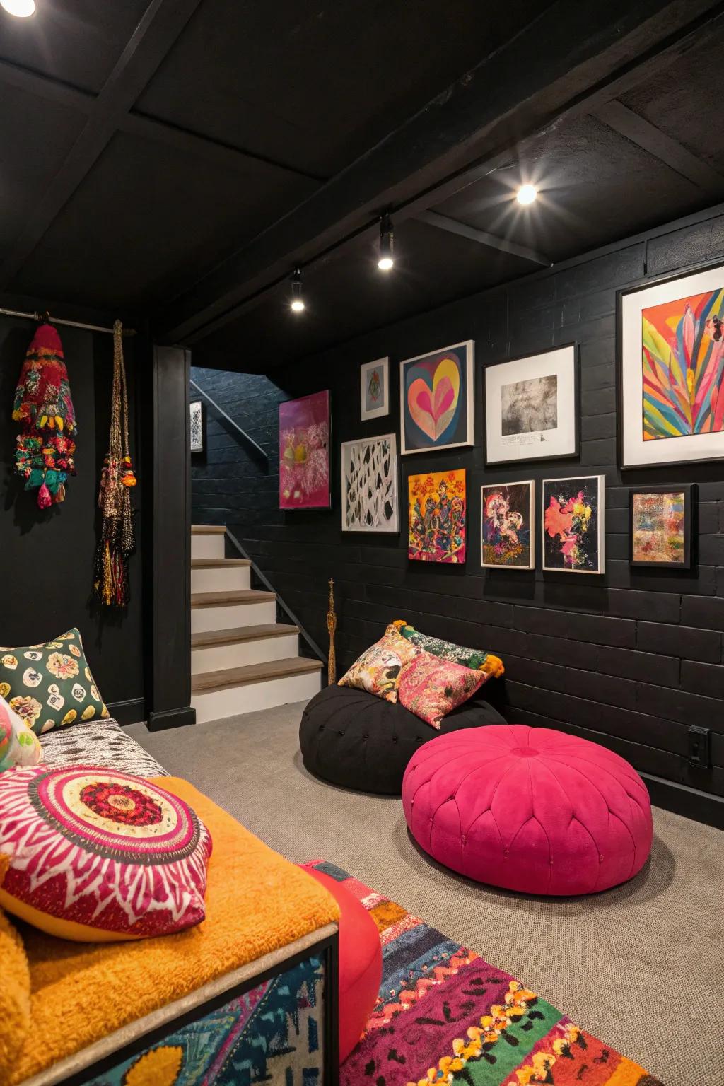 Pops of color that bring life to a black-walled basement.