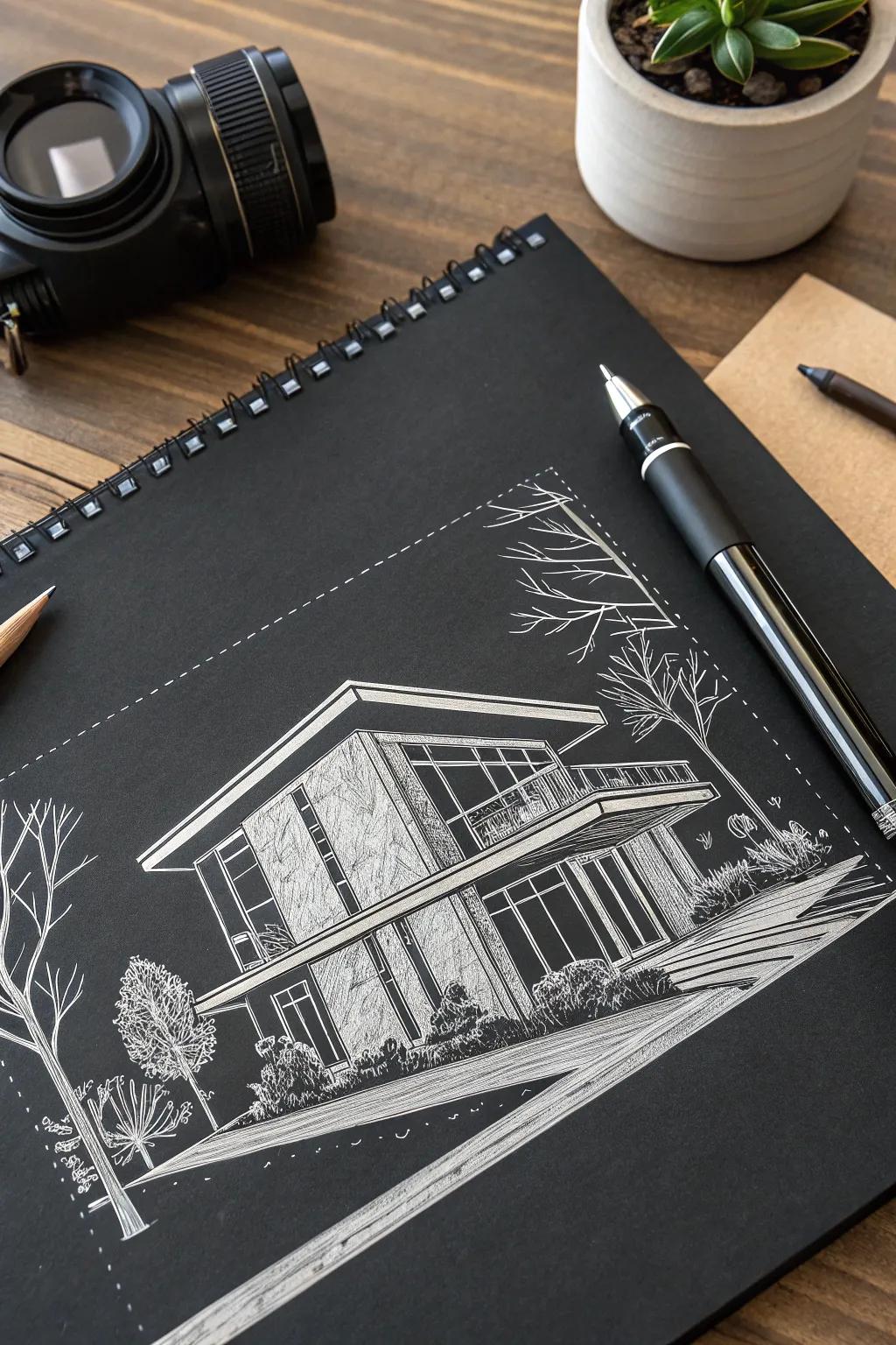 Envision stunning architectural designs with sketches on black paper.