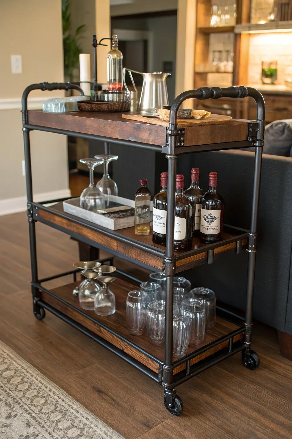 Roll into style with this industrial pipe bar cart—where craftsmanship meets entertainment.