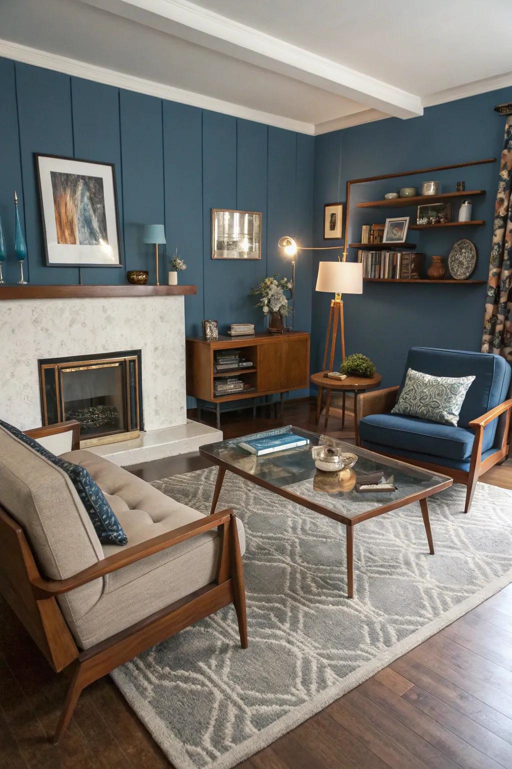 A mid-century modern living room featuring a blue accent wall and vintage decor.