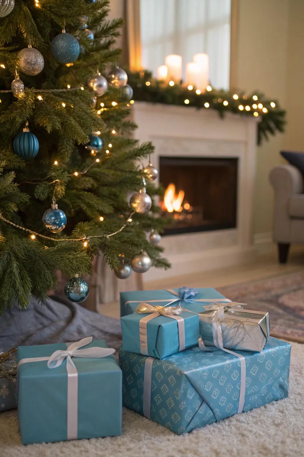 Blue-themed gift wrap ties your holiday decor together beautifully.