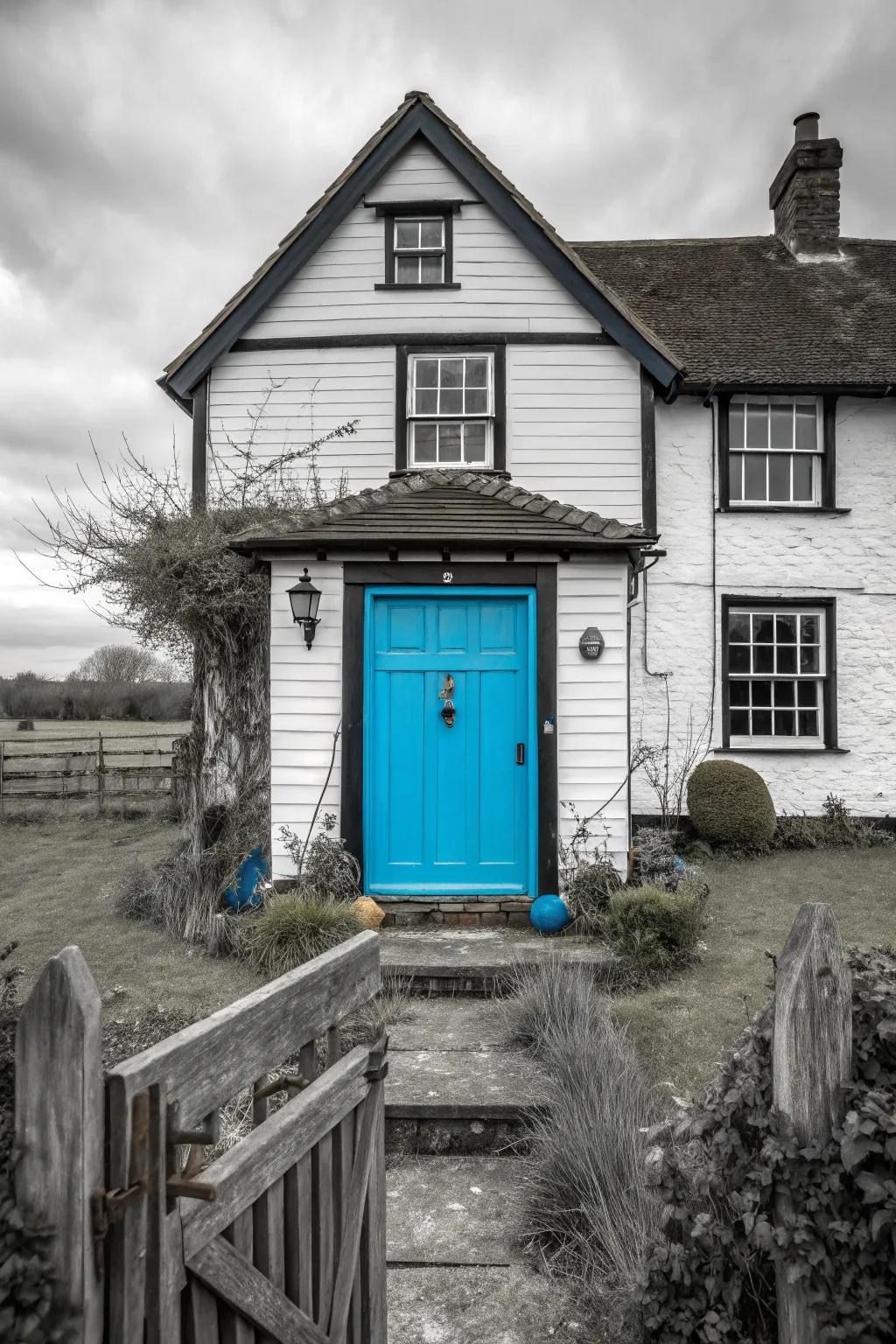 Cornflower blue doors enhance farmhouse charm.