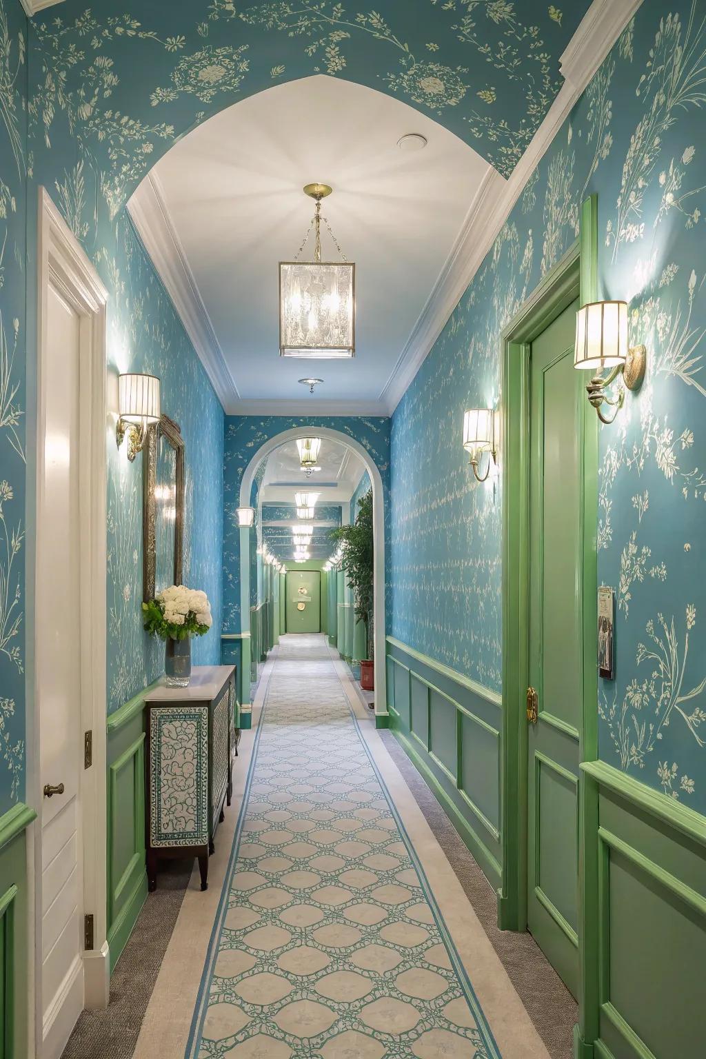 Blue and green create a dynamic yet calming hallway.