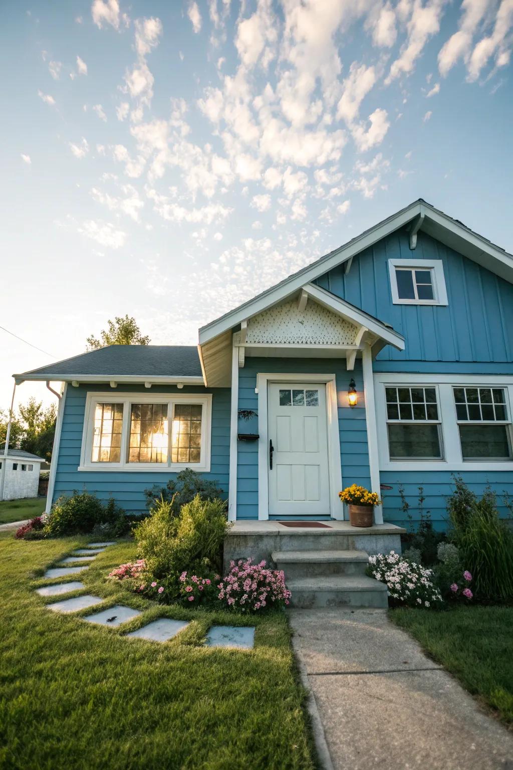 White doors provide a timeless elegance to blue exteriors.